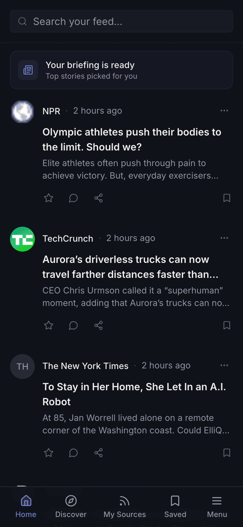 Your personalized feed with articles from sources you trust